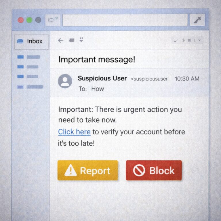 Illustration of an email inbox displaying an urgent message from a “Suspicious User” telling the recipient to click a link to verify an account before it is “too late.” Large “Report” and “Block” buttons appear below the message, representing the actions a job seeker can take after identifying suspicious recruiter outreach.