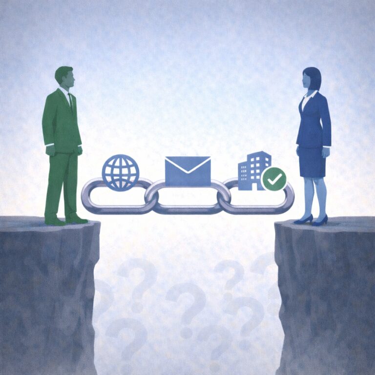 Illustration of two business professionals standing on opposite sides of a gap, connected by a chain of verification symbols: a website globe, email envelope, company building and green check mark. Faint question marks appear below the bridge, representing uncertainty in unfamiliar recruiter outreach and the role that clear, verifiable information can play in building confidence between candidates and recruiters.