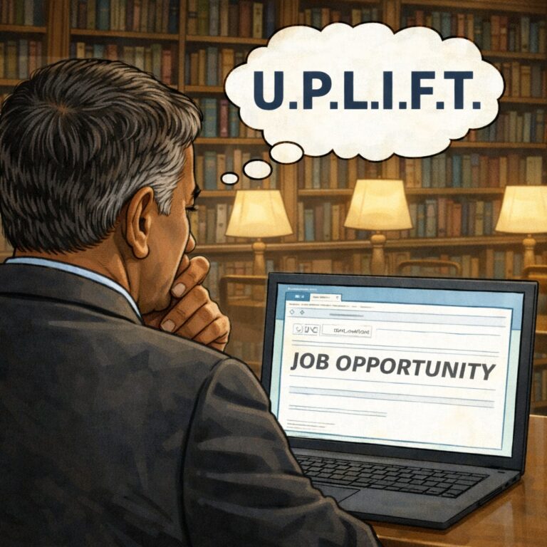 Illustration of a middle-aged man in a dark suit seated at a laptop in a library, thoughtfully reviewing a screen that says “Job Opportunity.” Above him, a thought bubble displays “U.P.L.I.F.T.,” representing the checklist used to evaluate unfamiliar recruiter outreach before engaging.