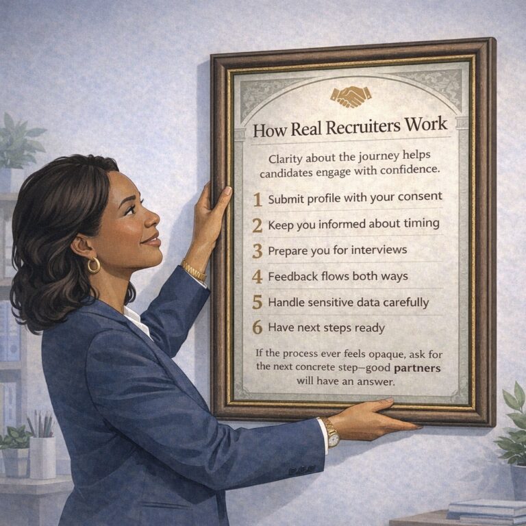 Illustration of a woman in business attire holding a framed poster titled “How Real Recruiters Work.” The poster lists six features of a professional recruiting process: submitting a candidate profile with consent, keeping candidates informed about timing, preparing them for interviews, allowing feedback to flow both ways, handling sensitive data carefully and providing clear next steps. The image represents the structure and transparency candidates can expect from a legitimate recruiting agency.