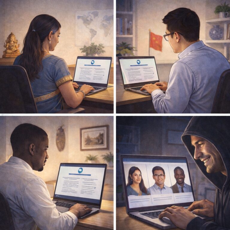 Four-panel illustration about international job-search and visa-sponsorship risks. The top-left panel shows a woman in India reviewing an official-looking document on her laptop beside a world map. The top-right shows a man in China examining similar information online. The bottom-left shows a Black man reviewing a document on a laptop, while the bottom-right shows a hooded man at a computer viewing several professional profile photos. The contrasting scenes represent international candidates checking cross-border employment and immigration information while bad actors may use professional identities or profiles to create deceptive outreach.