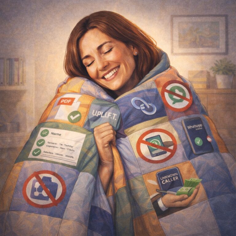 Illustration of a smiling woman wrapped comfortably in a large patchwork quilt made up of job-search safety symbols and reminders. The quilt includes a PDF icon, the word “U.P.L.I.F.T.,” a chain-link symbol, recruiter identity details with check marks, WhatsApp and unknown-caller screens, money, and several red prohibition symbols over suspicious actions. The image represents the many lessons and recurring warning signs covered throughout the 22-post Safer Job Search series, brought together as a final wrap-up.