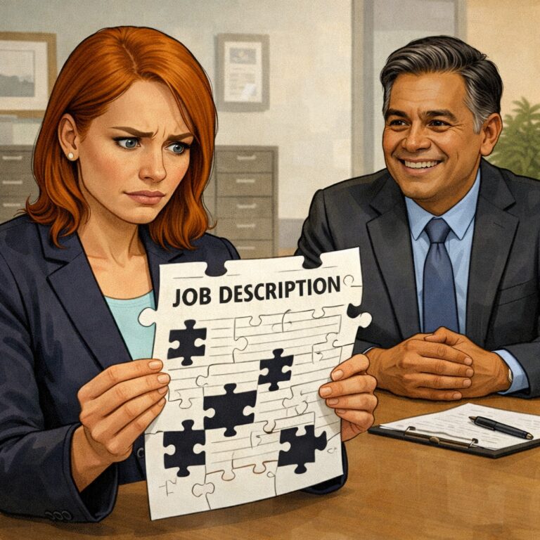 Illustration of a red-haired woman in business attire reviewing a “Job Description” document designed like a jigsaw puzzle while a smiling suited recruiter sits across from her at a desk. The image represents evaluating whether recruiter outreach provides clear, complete and credible job information.