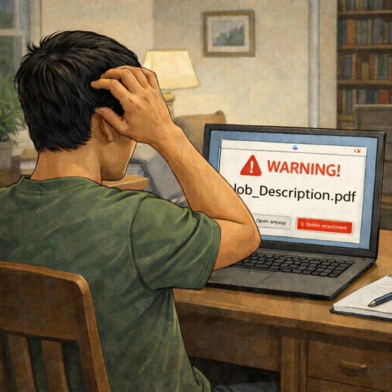 Illustration of a person seated at a desk looking concerned while viewing a laptop screen displaying a red warning symbol and the file name “Job_Description.pdf.” The image represents the risk of opening unexpected recruiter attachments and the importance of verifying suspicious files before downloading or opening them.