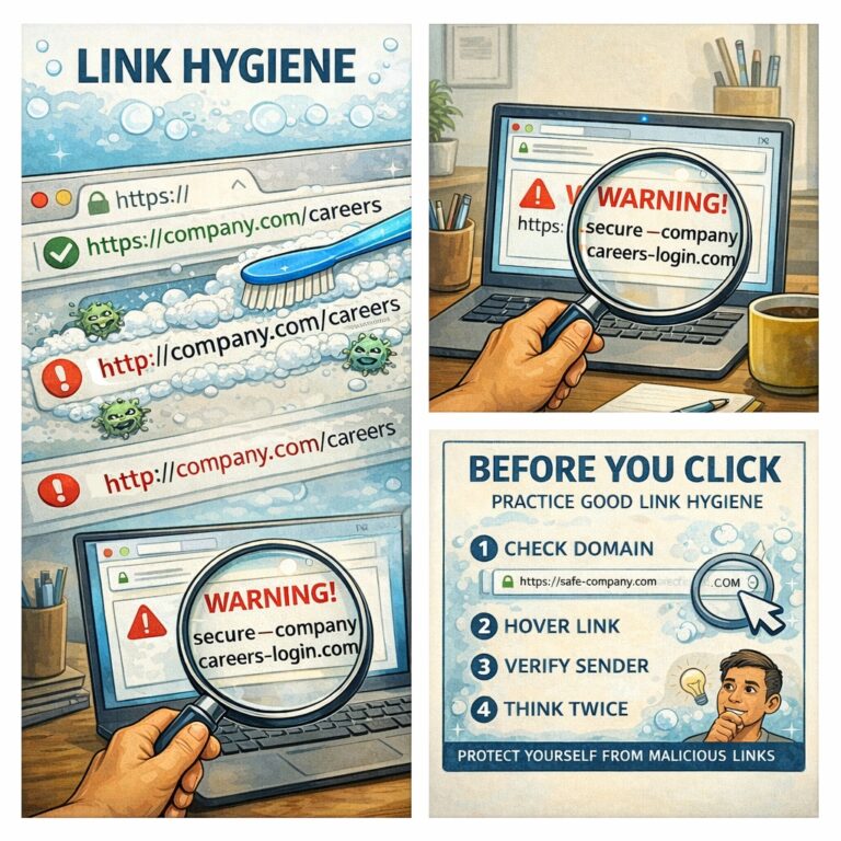 Multi-panel illustration about safe link checking during a job search. One panel contrasts a secure company careers URL with suspicious lookalike web addresses, while another shows a magnifying glass inspecting a questionable “careers-login” domain on a laptop. A final panel lists four link-safety steps: check the domain, hover over the link, verify the sender and think twice before clicking.