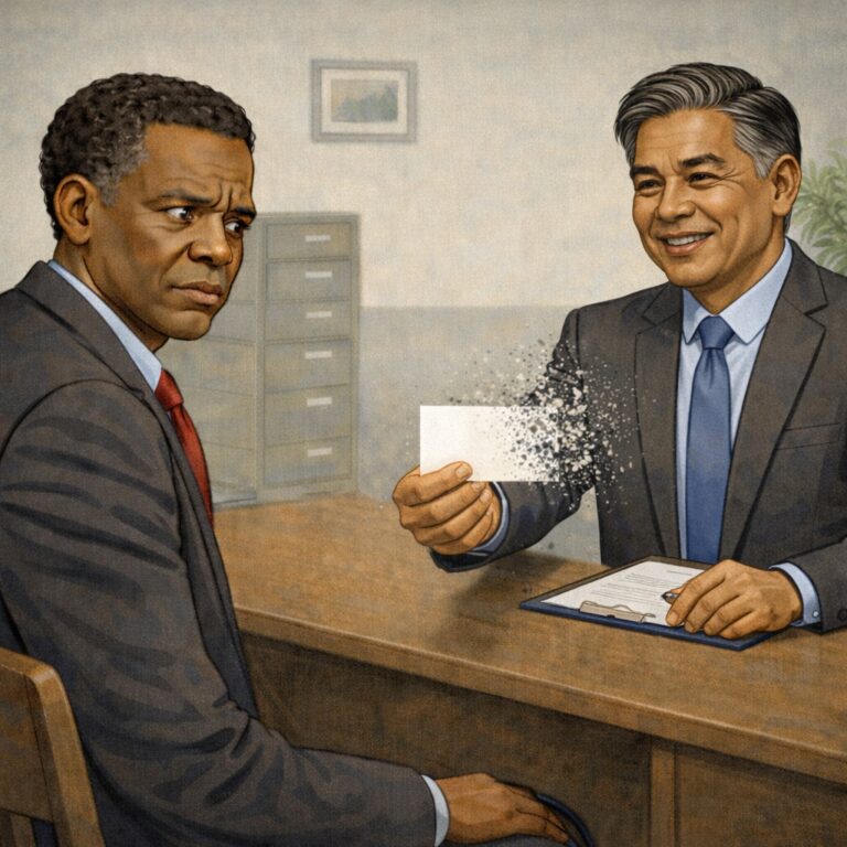 Illustration of a concerned Black man in a suit seated across from a smiling recruiter in an office. The recruiter holds out a white business card that appears to be breaking apart or dissolving at one edge, representing a recruiter sign-off, signature or contact information that looks professional at first but does not withstand verification.