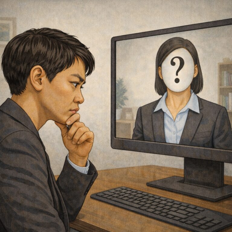 Illustration of a young man in a suit seated at a computer, thoughtfully examining a recruiter on the screen whose face is obscured by a large question mark. The image represents verifying a recruiter’s identity, employer, contact details and professional credibility before responding to unfamiliar outreach.