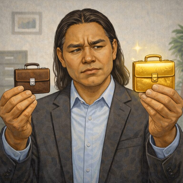 Illustration of a serious-looking man in a suit holding two small briefcases for comparison: a plain brown briefcase in one hand and a bright, glowing gold briefcase in the other. He looks skeptically toward the gold option, representing the need to question unusually generous pay, perks or job offers that may seem too good to be true.