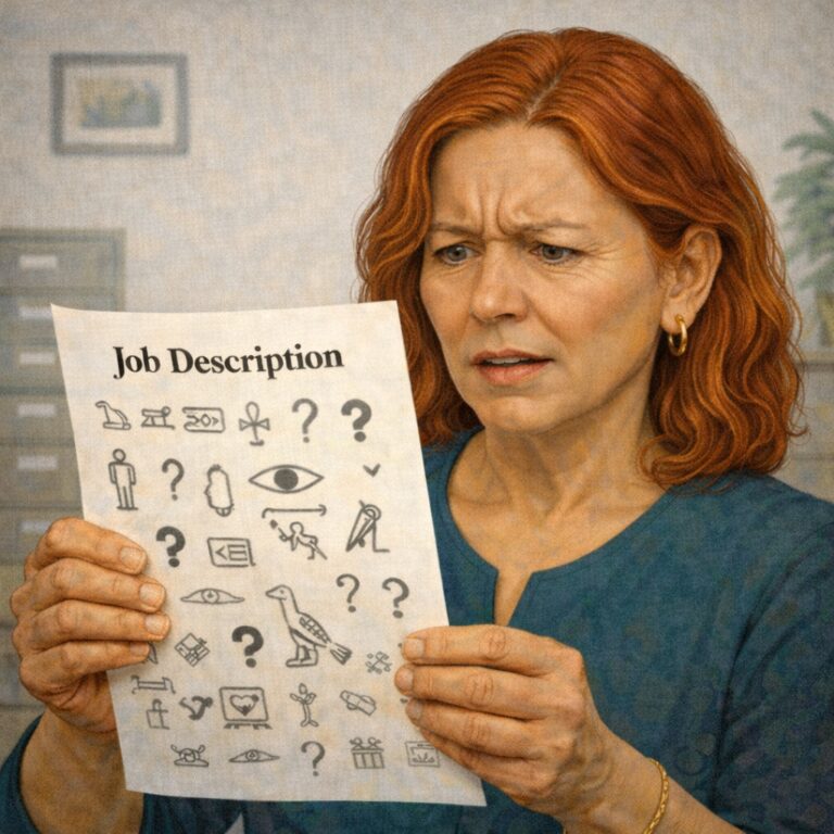 Illustration of a red-haired woman looking confused and concerned while holding a paper titled “Job Description.” The page is filled with question marks and vague symbols instead of clear duties or requirements, representing recruiter outreach or job postings that provide too little specific information about the role or employer.