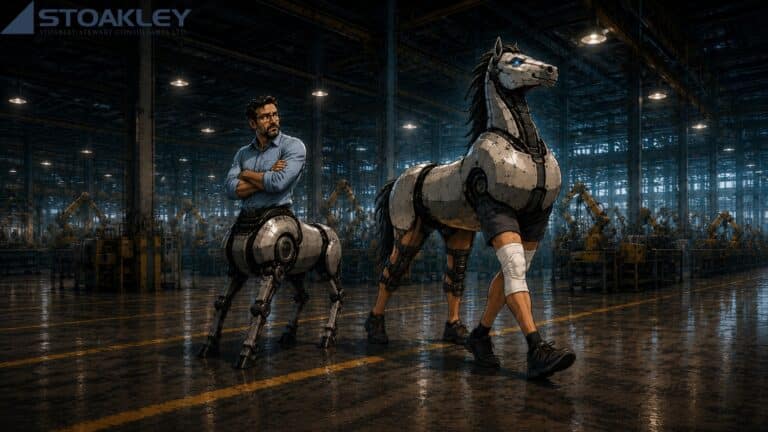 Alt text: Wide illustrated factory scene showing two contrasting human-machine centaurs. On the left, a middle-aged man with glasses, dark hair and a beard wears a light-blue rolled-sleeve shirt and stands with his arms crossed, looking warily toward the figure beside him. His human upper body is fused to a four-legged robotic horse body made of silver metal panels, joints and mechanical limbs. On the right, a much larger reverse centaur has the metallic head, neck and torso of a robotic horse, but four human legs wearing dark shorts and sneakers. Its front right knee is wrapped in a white support brace, while hinged black knee braces are fitted to the rear legs. The reverse centaur strides forward confidently through the factory, while the human-headed centaur watches with concern. The background is a vast automated manufacturing floor filled with steel beams, hanging industrial lights, robotic arms, machinery and yellow floor markings reflected on the polished concrete. The image visually contrasts a human directing machine capability with a machine-led system relying on human limbs to carry out the work.