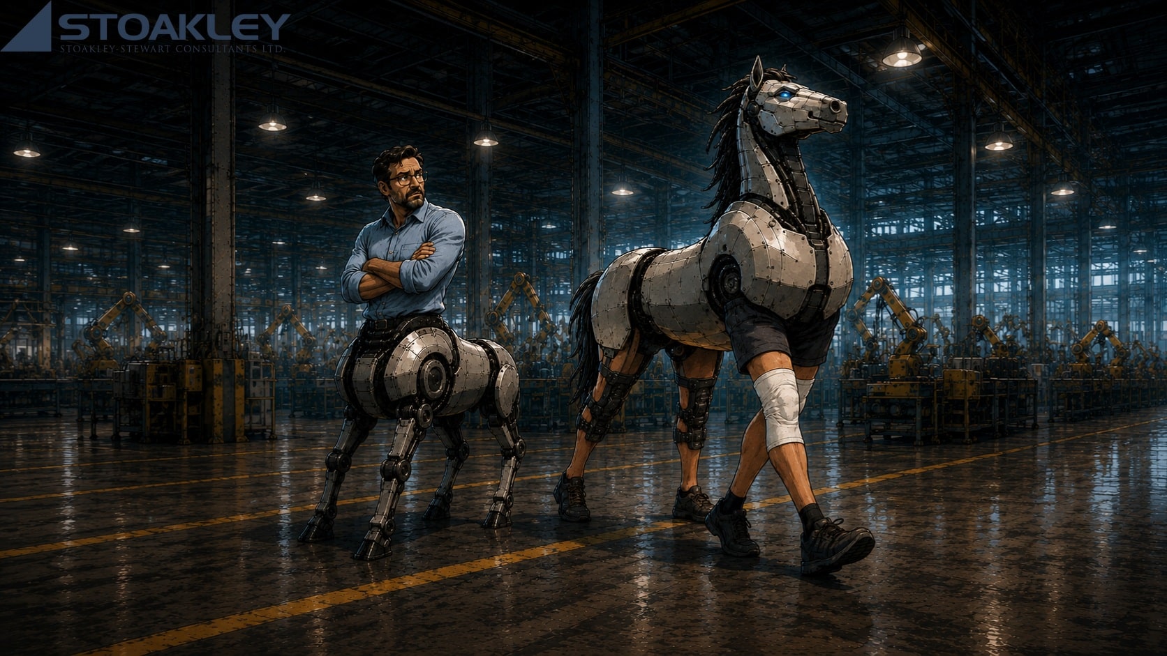 Alt text: Wide illustrated factory scene showing two contrasting human-machine centaurs. On the left, a middle-aged man with glasses, dark hair and a beard wears a light-blue rolled-sleeve shirt and stands with his arms crossed, looking warily toward the figure beside him. His human upper body is fused to a four-legged robotic horse body made of silver metal panels, joints and mechanical limbs. On the right, a much larger reverse centaur has the metallic head, neck and torso of a robotic horse, but four human legs wearing dark shorts and sneakers. Its front right knee is wrapped in a white support brace, while hinged black knee braces are fitted to the rear legs. The reverse centaur strides forward confidently through the factory, while the human-headed centaur watches with concern. The background is a vast automated manufacturing floor filled with steel beams, hanging industrial lights, robotic arms, machinery and yellow floor markings reflected on the polished concrete. The image visually contrasts a human directing machine capability with a machine-led system relying on human limbs to carry out the work.